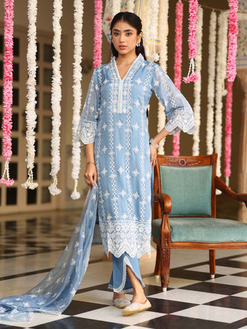 Embroidered Organza Kurta With Pants & Dupatta