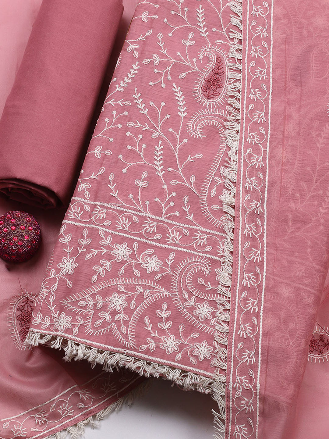 Embroidered Cotton Blend Unstitched Suit With Pant &amp; Dupatta
