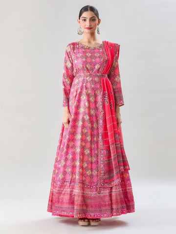 Floral Printed Anarkali Kurta With Legging & Dupatta