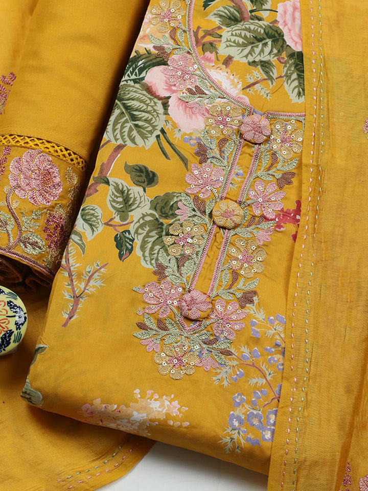 Embroidered Muslin Unstitched Suit With Pant &amp; Dupatta
