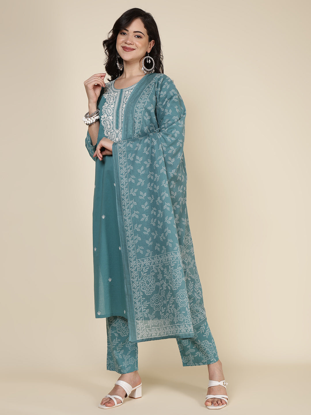 Embroidered Cotton Blend Kurta With Pants &amp; Dupatta