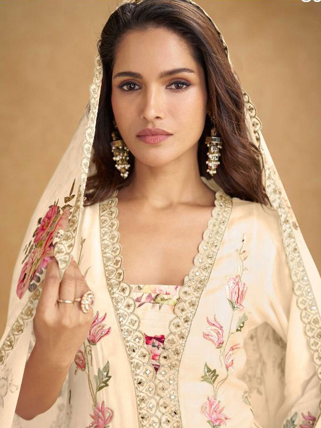 Embroidered Chinnon Kurta With Plazzo &amp; Dupatta