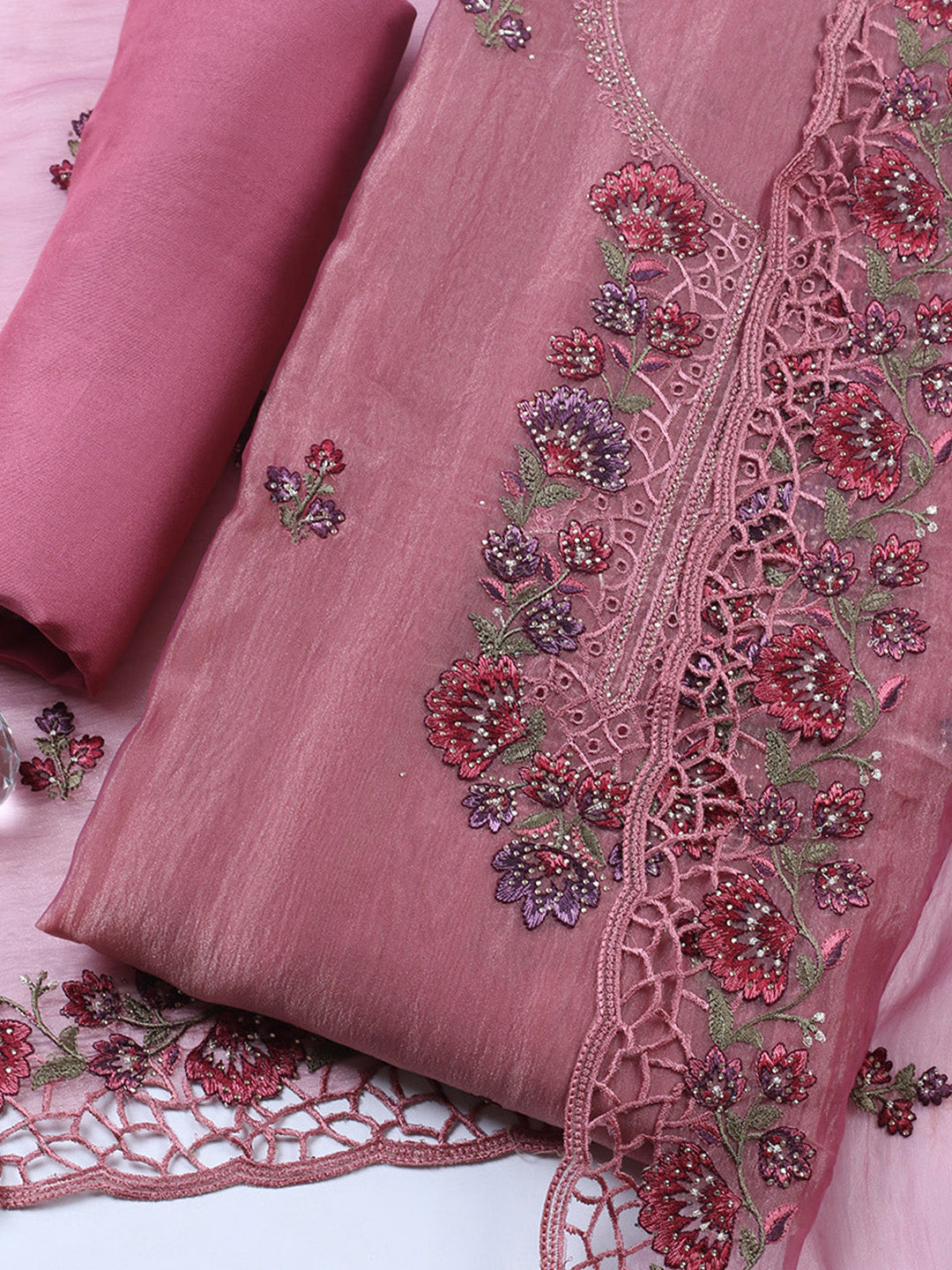 Embroidered Tissue Unstitched Suit With Pant &amp; Dupatta