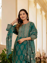 Printed Cotton Blend Kurta With Pants & Dupatta