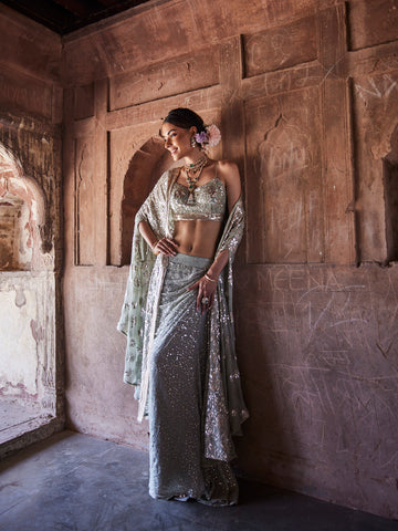 All Over Sequin Embroidery Georgette Choli With Pleated Skirt