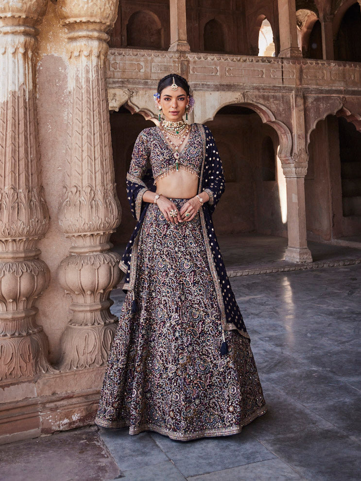 Resham Zari Embroidery Georgette Choli With Lehenga & Dupatta