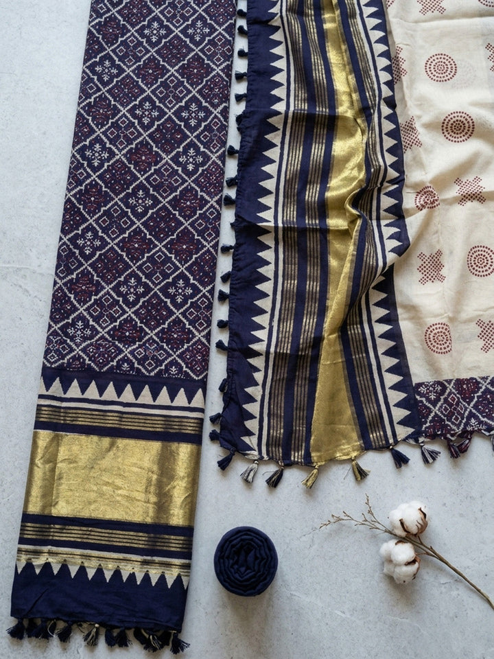 Embroidered Art Silk Unstitched Suit With Pant &amp; Dupatta