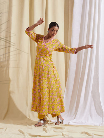 Floral Printed Cotton Anarkali Kurta With Pants