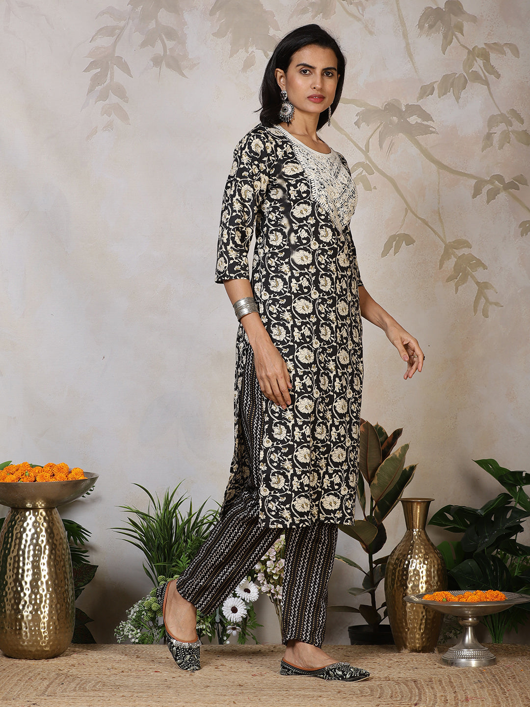 Printed Cotton Blend Kurta With Pants & Dupatta