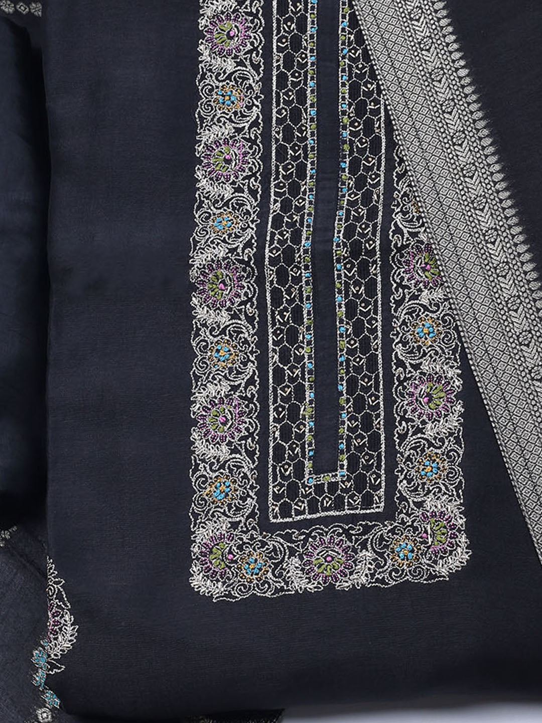 Embroidered Art Silk Unstitched Suit With Dupatta