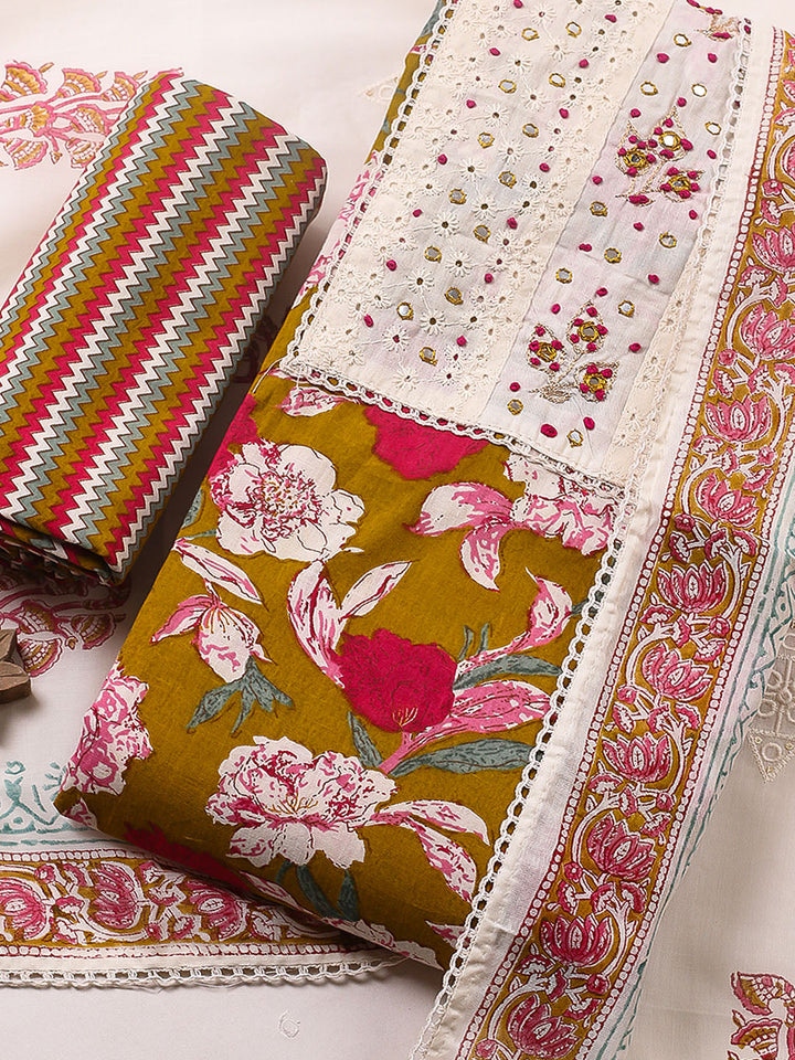 Embroidered Cotton Blend Unstitched Suit With Pant &amp; Dupatta