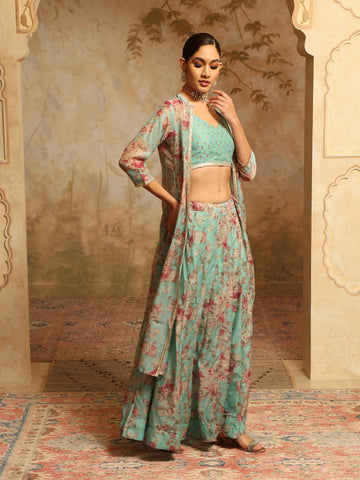 Floral Printed Chanderi Choli With Skirt & Jacket