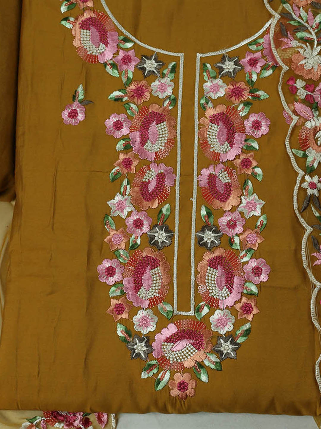 Embroidered Chanderi Unstitched Suit With Pant &amp; Dupatta
