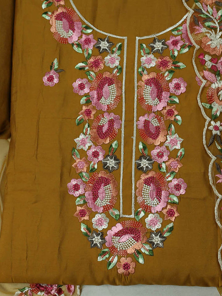Embroidered Chanderi Unstitched Suit With Pant &amp; Dupatta