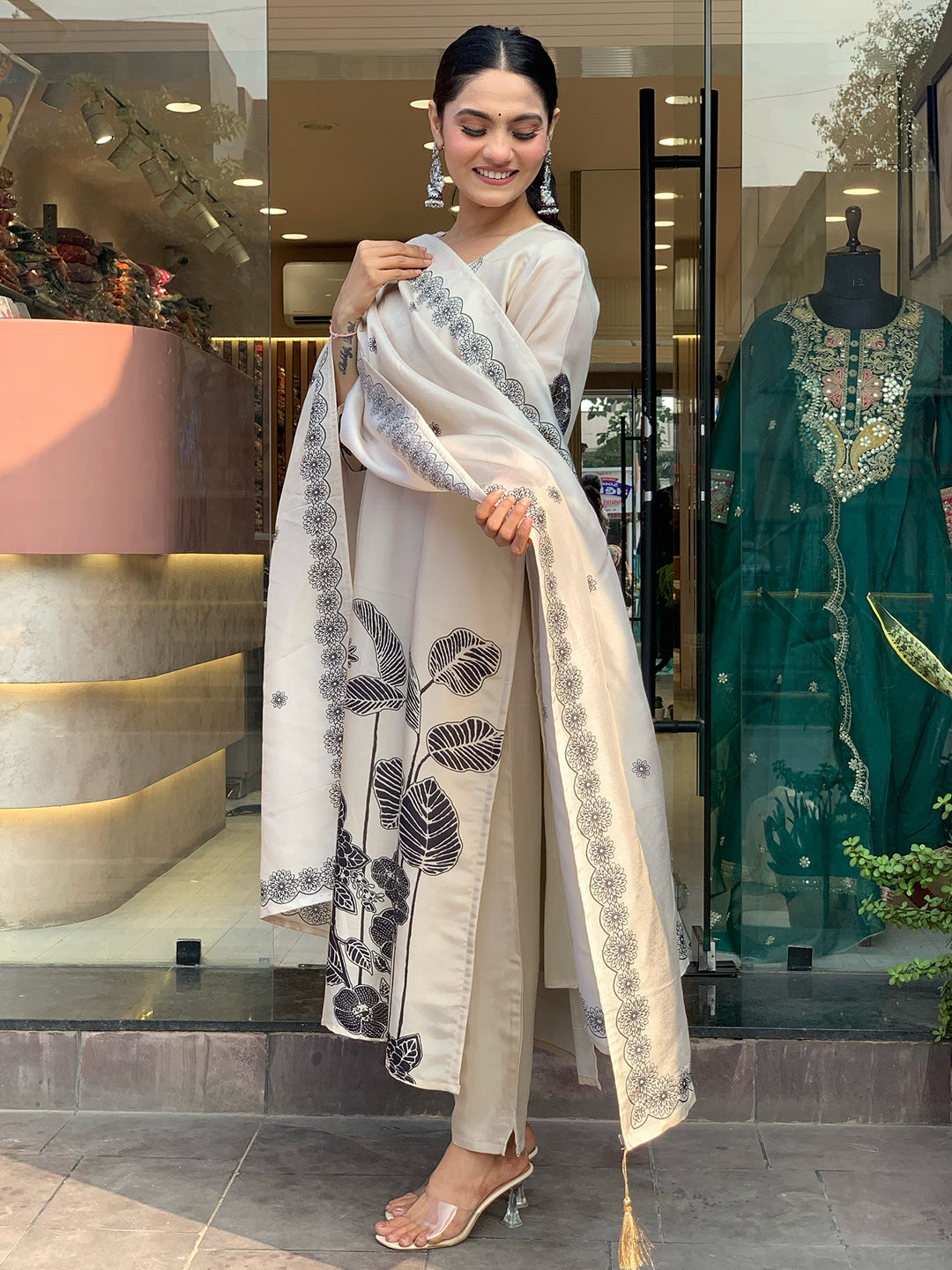 Printed Art Silk Kurta With Pants & Dupatta