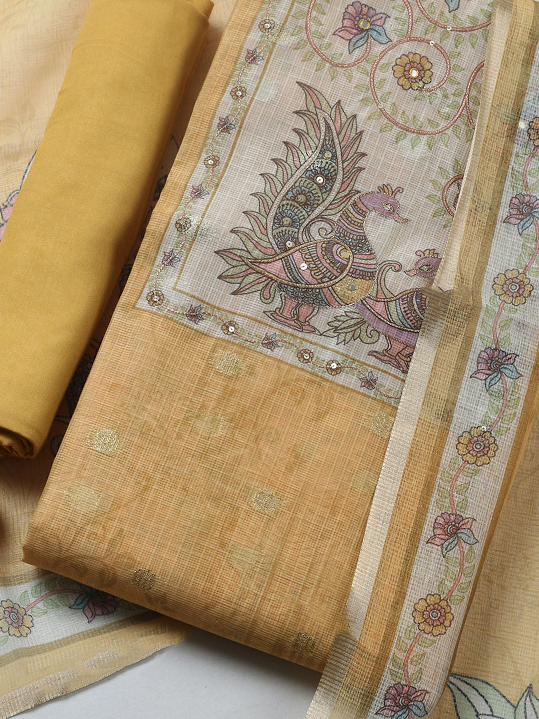 Embroidered Cotton Blend Unstitched Suit With Pant &amp; Dupatta