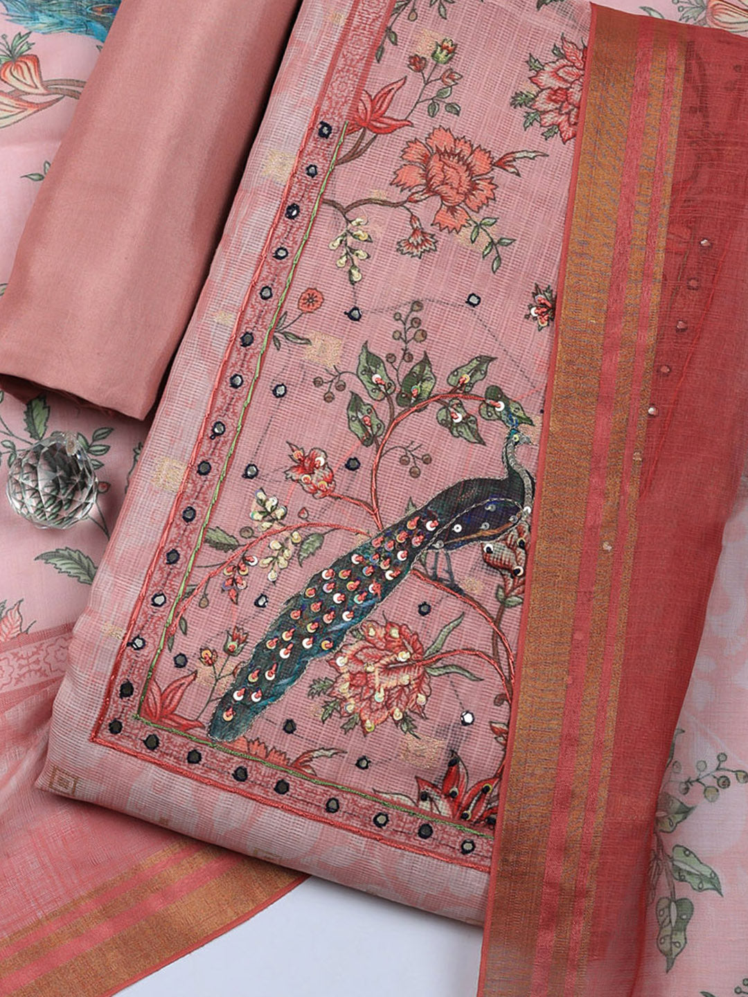 Embroidered Cotton Blend Unstitched Suit With Pant &amp; Dupatta