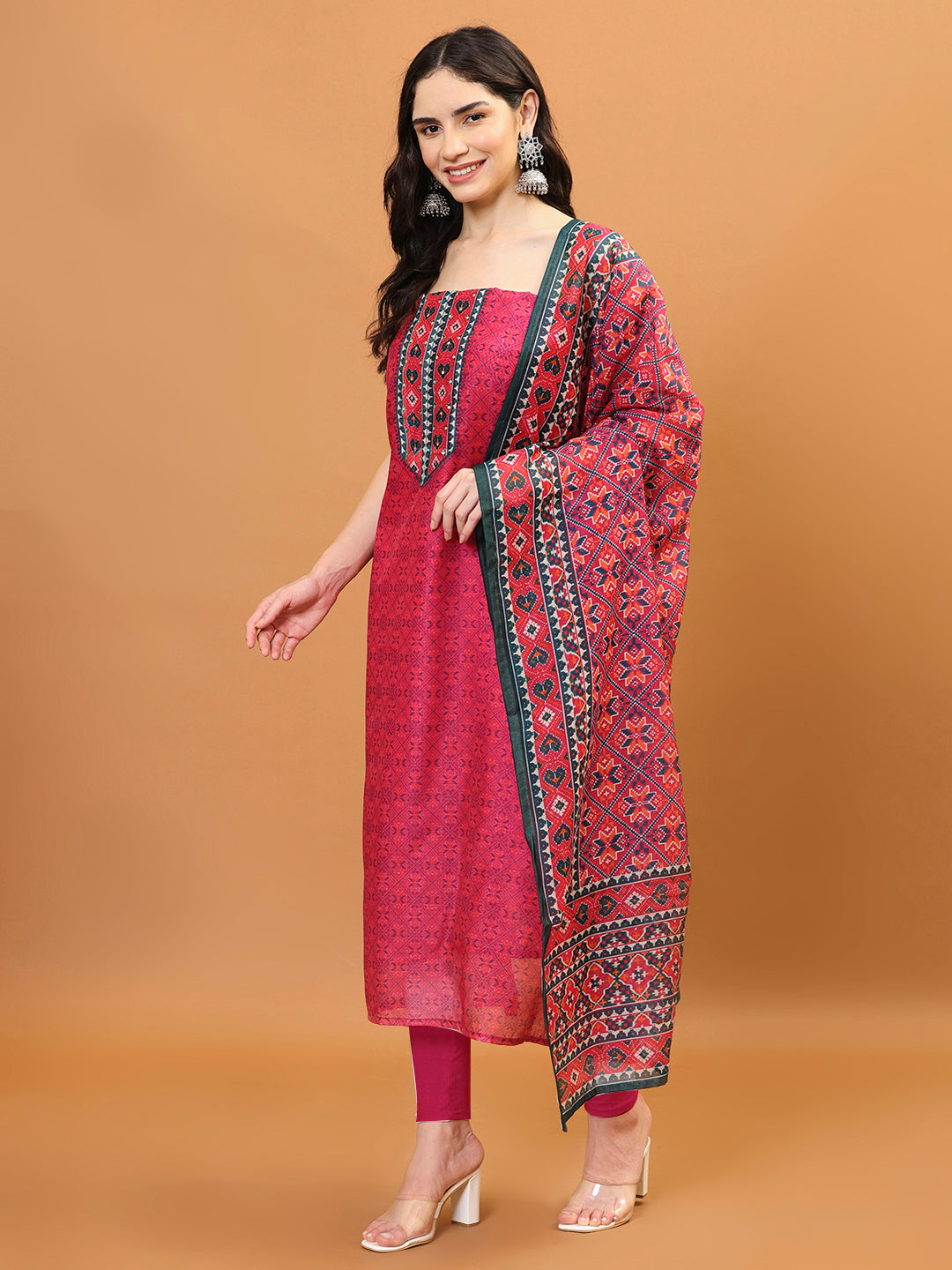 Printed Chanderi Unstitched Suit Piece With Dupatta