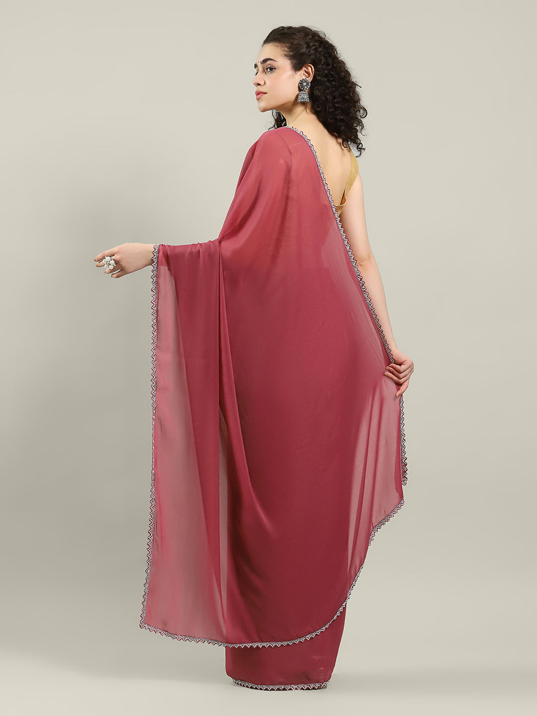 Plain Lace Border Georgette Saree