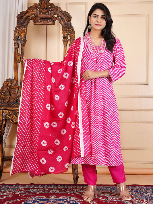 Neck Embroidery Cotton Blend Kurta With Pants & Dupatta