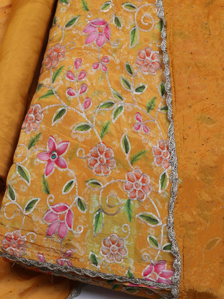 Neck Embroidered Chinnon Unstitched Suit With Dupatta