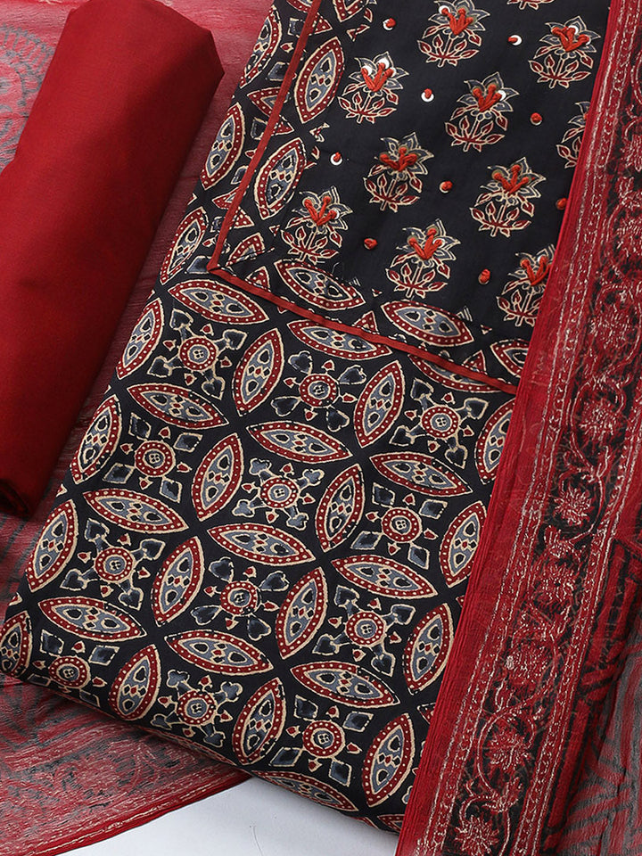 Printed Cotton Blend Unstitched Suit With Pant &amp; Dupatta