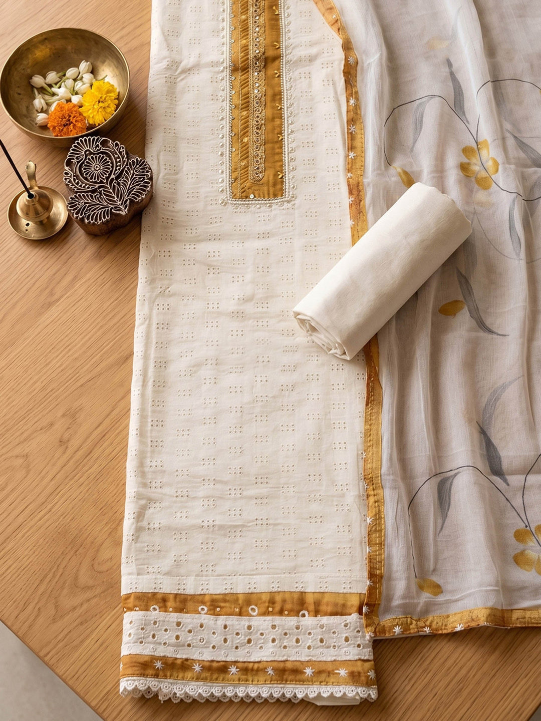 Neck Embroidered Cotton Blend Unstitched Suit With Dupatta