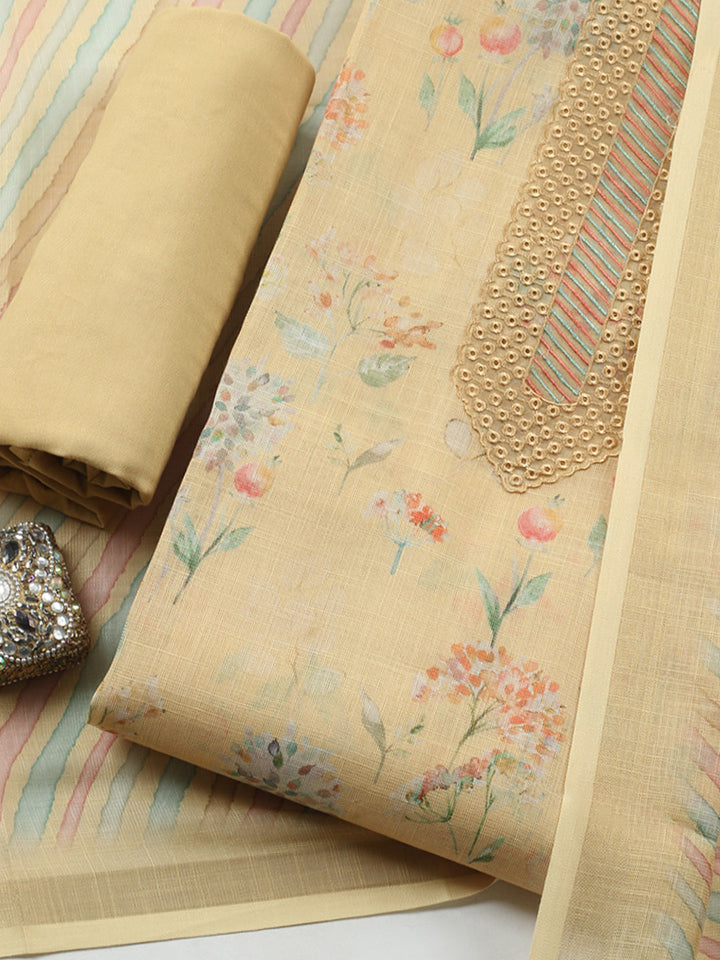 Printed Linen Blend Unstitched Suit With Pant &amp; Dupatta
