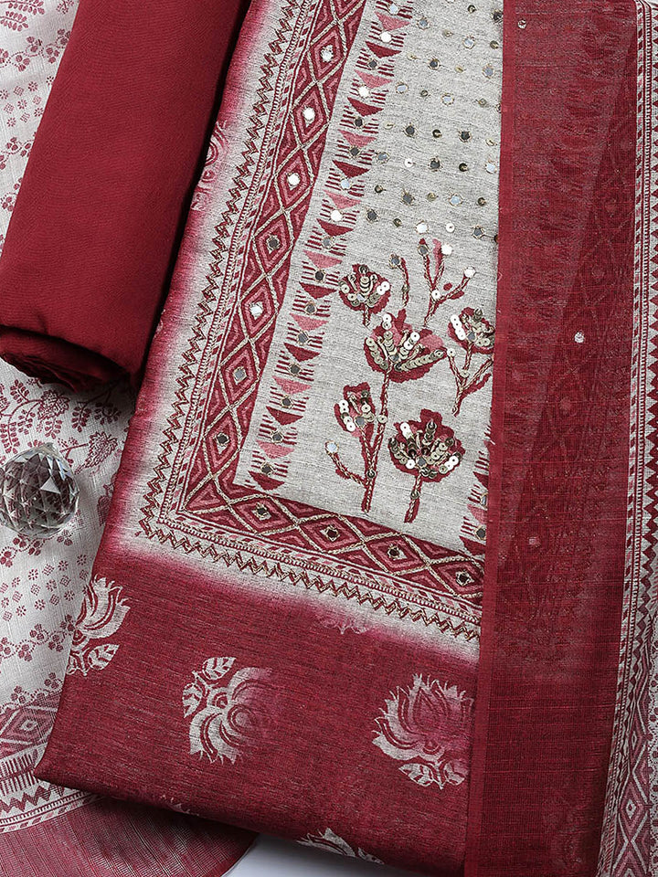 Embroidered Cotton Blend Unstitched Suit With Pant &amp; Dupatta