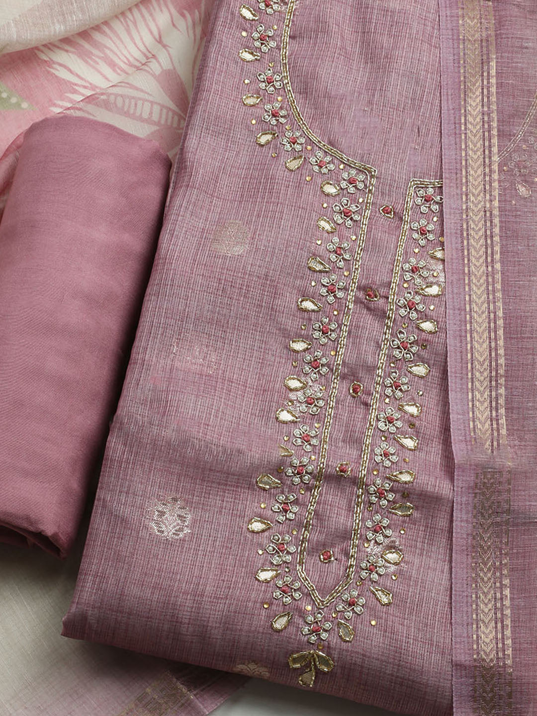 Embroidered Linen Unstitched Kurta With Pant & Dupatta