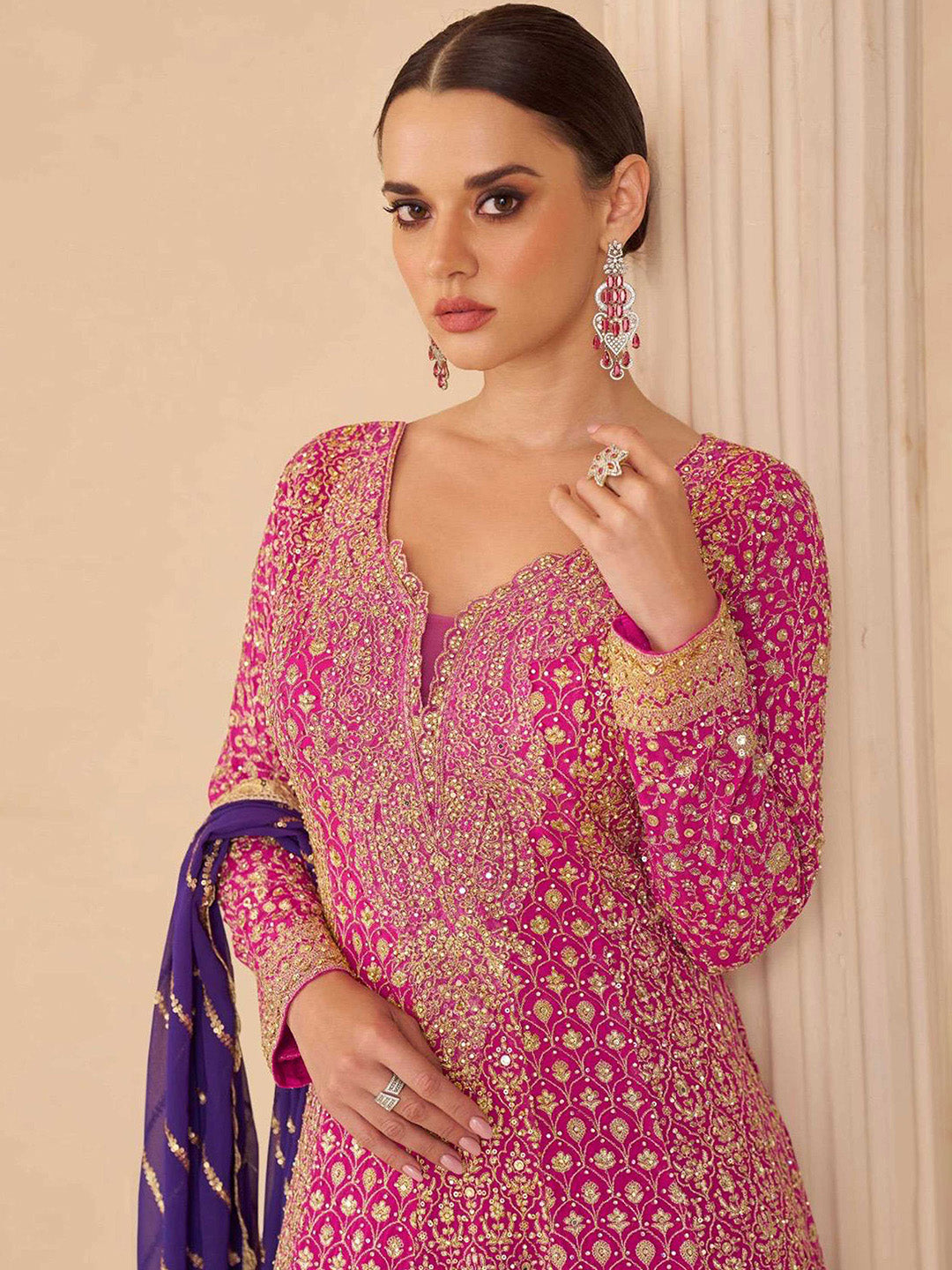 Embroidered Georgette Kurta With Gharara &amp; Dupatta