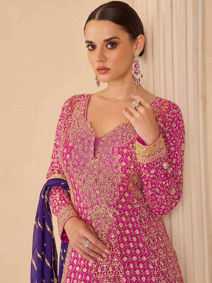 Embroidered Georgette Kurta With Gharara &amp; Dupatta