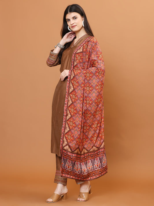 Neck Embroidery Muslin Kurta With Pants & Dupatta