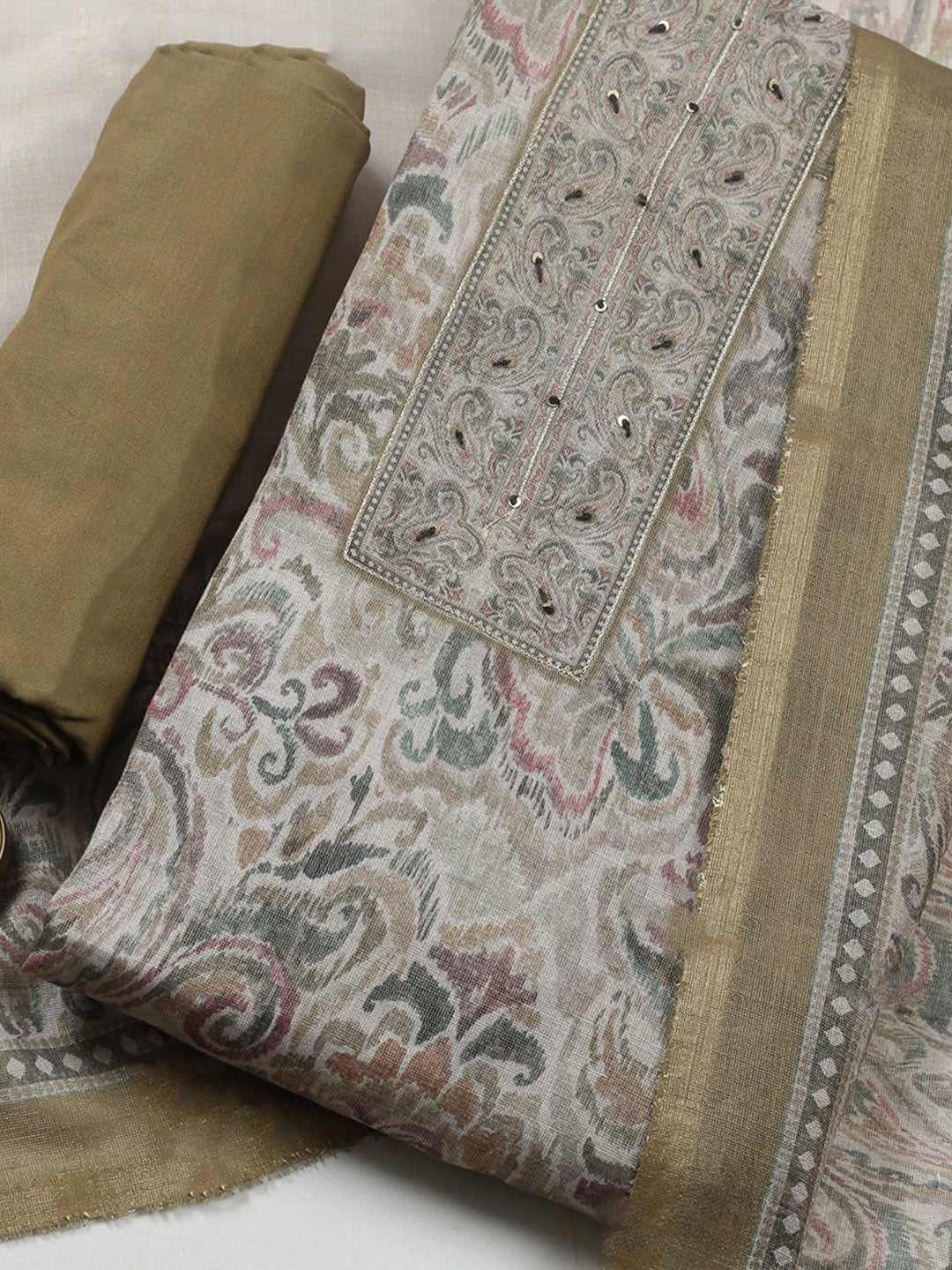 Embroidered Linen Blend Unstitched Suit With Pant &amp; Dupatta