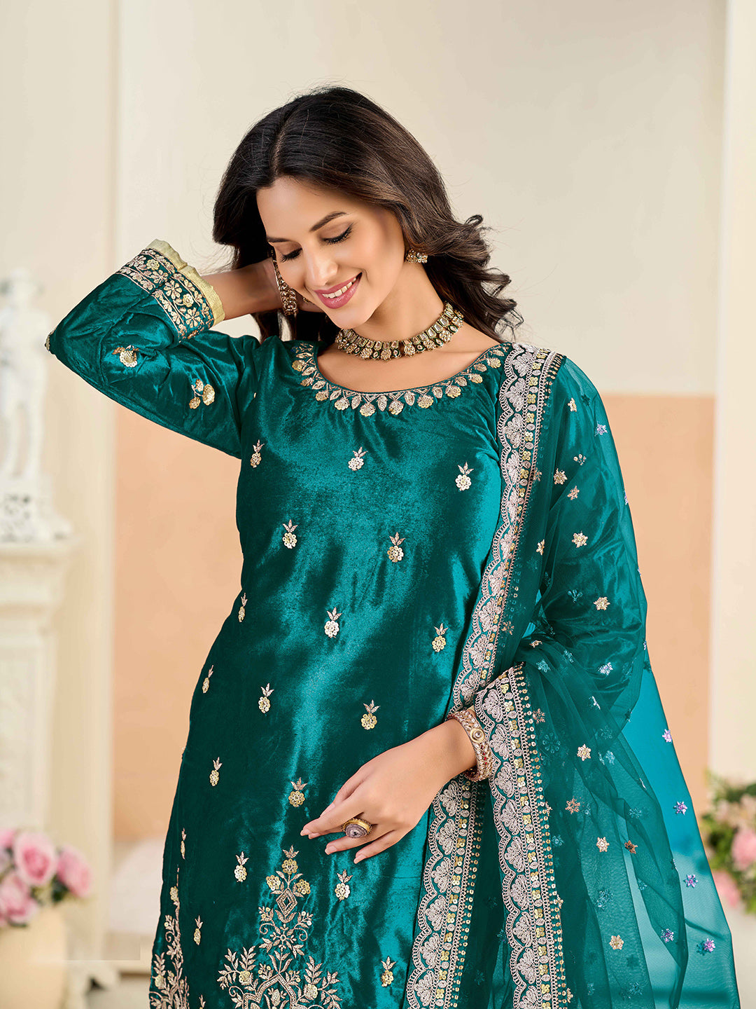Embroidered Velvet Semi Stitched Kurta With Skirt &amp; Dupatta
