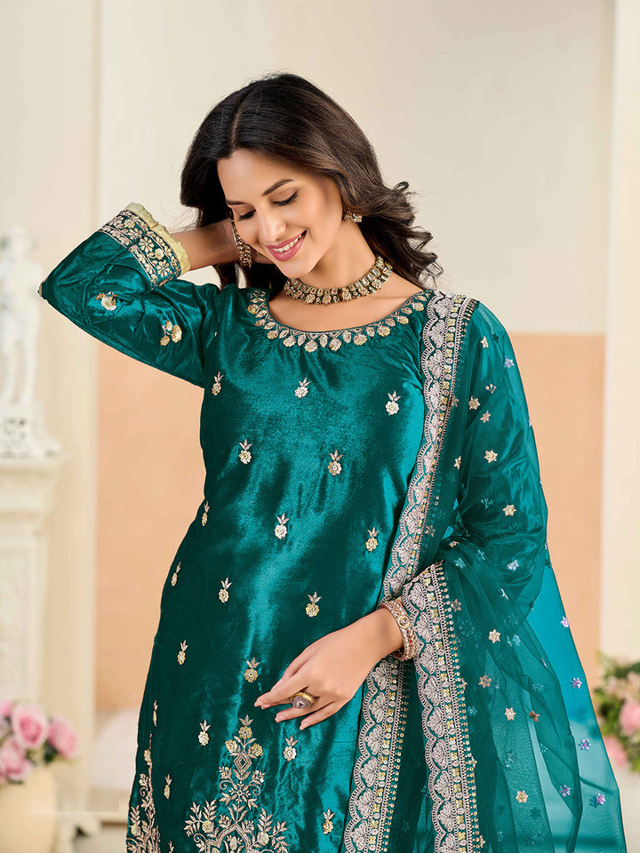 Embroidered Velvet Semi Stitched Kurta With Skirt &amp; Dupatta