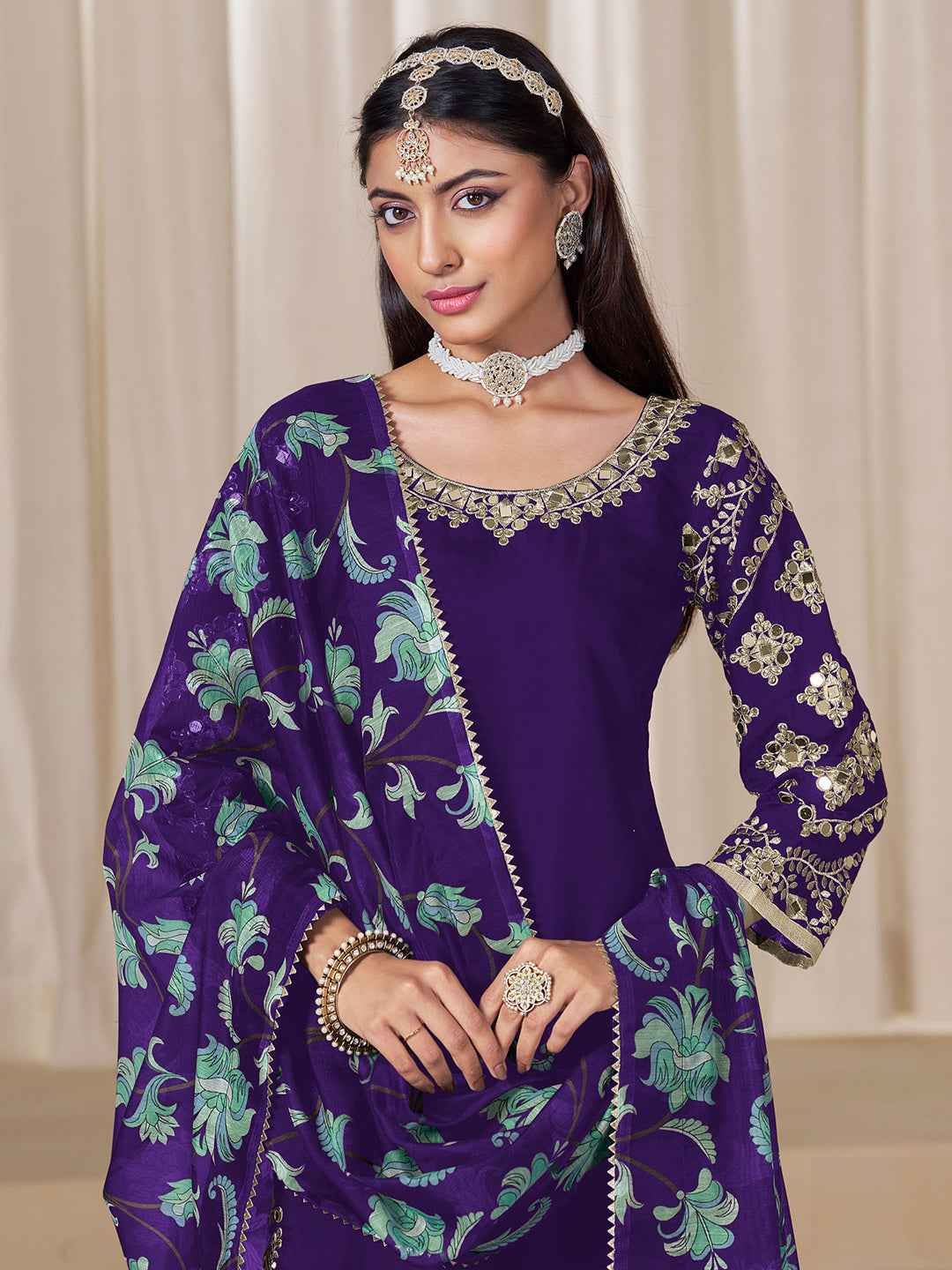 Embroidered Art Silk Semi Stitched Kurta With Patiala Salwar &amp; Dupatta