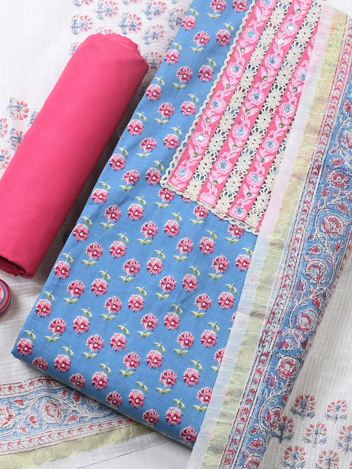 Printed Cotton Blend Unstitched Suit With Pant &amp; Dupatta