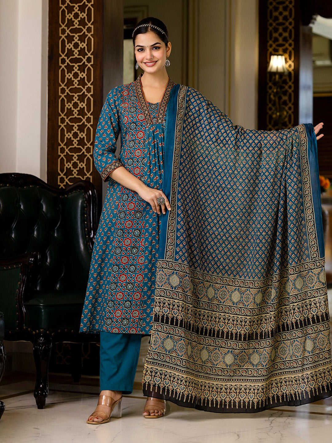 Printed Cotton Blend Kurta With Pants & Dupatta