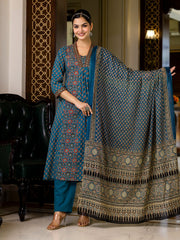 Printed Cotton Blend Kurta With Pants & Dupatta