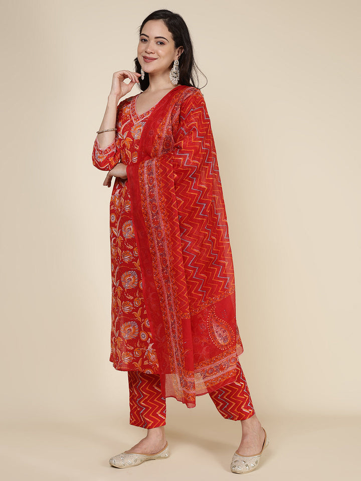 Printed Cotton Blend Kurta With Pants &amp; Dupatta