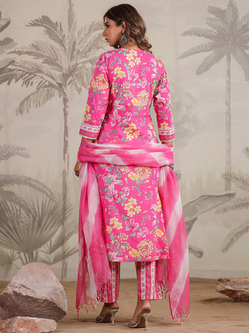 Floral Printed Cotton Blend Kurta With Pants & Dupatta