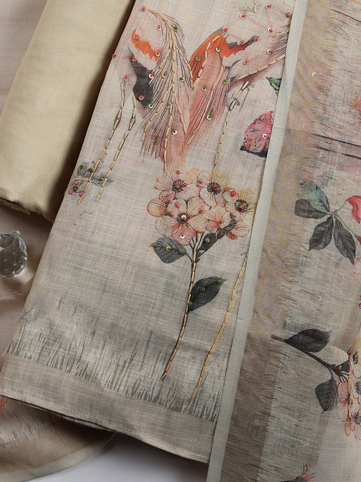 Printed, Linen Blend Unstitched Suit With Pant &amp; Dupatta