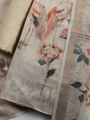 Printed, Linen Blend Unstitched Suit With Pant & Dupatta