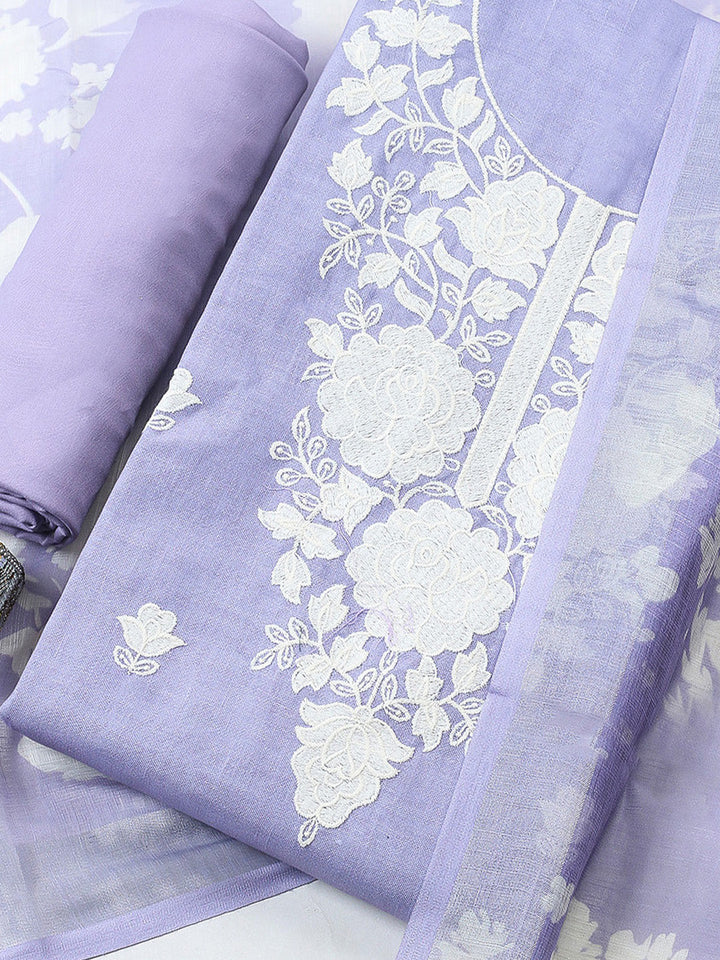 Embroidered Linen Blend Unstitched Suit With Pant &amp; Dupatta