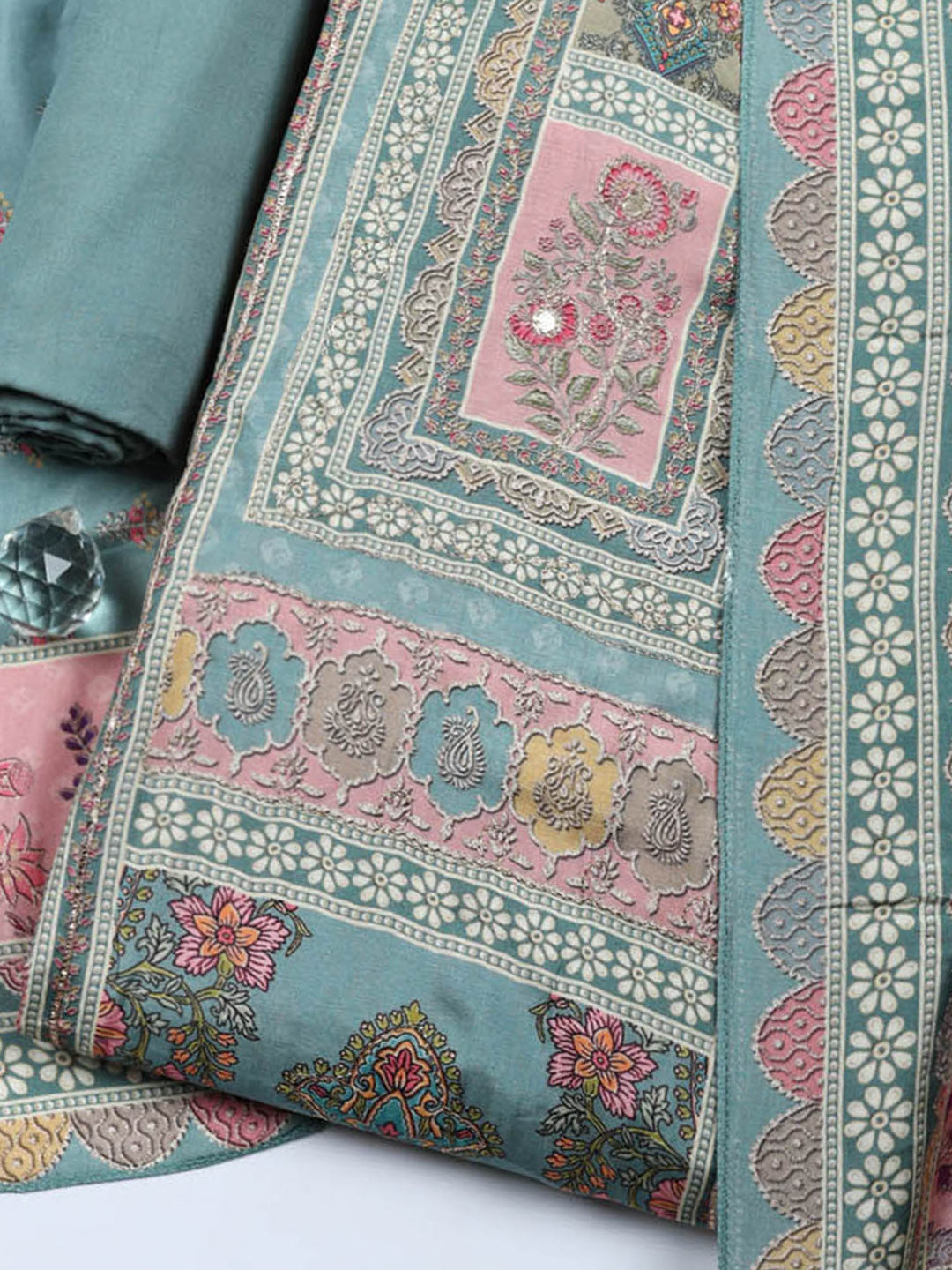 Embroidered Muslin Unstitched Suit With Pant &amp; Dupatta