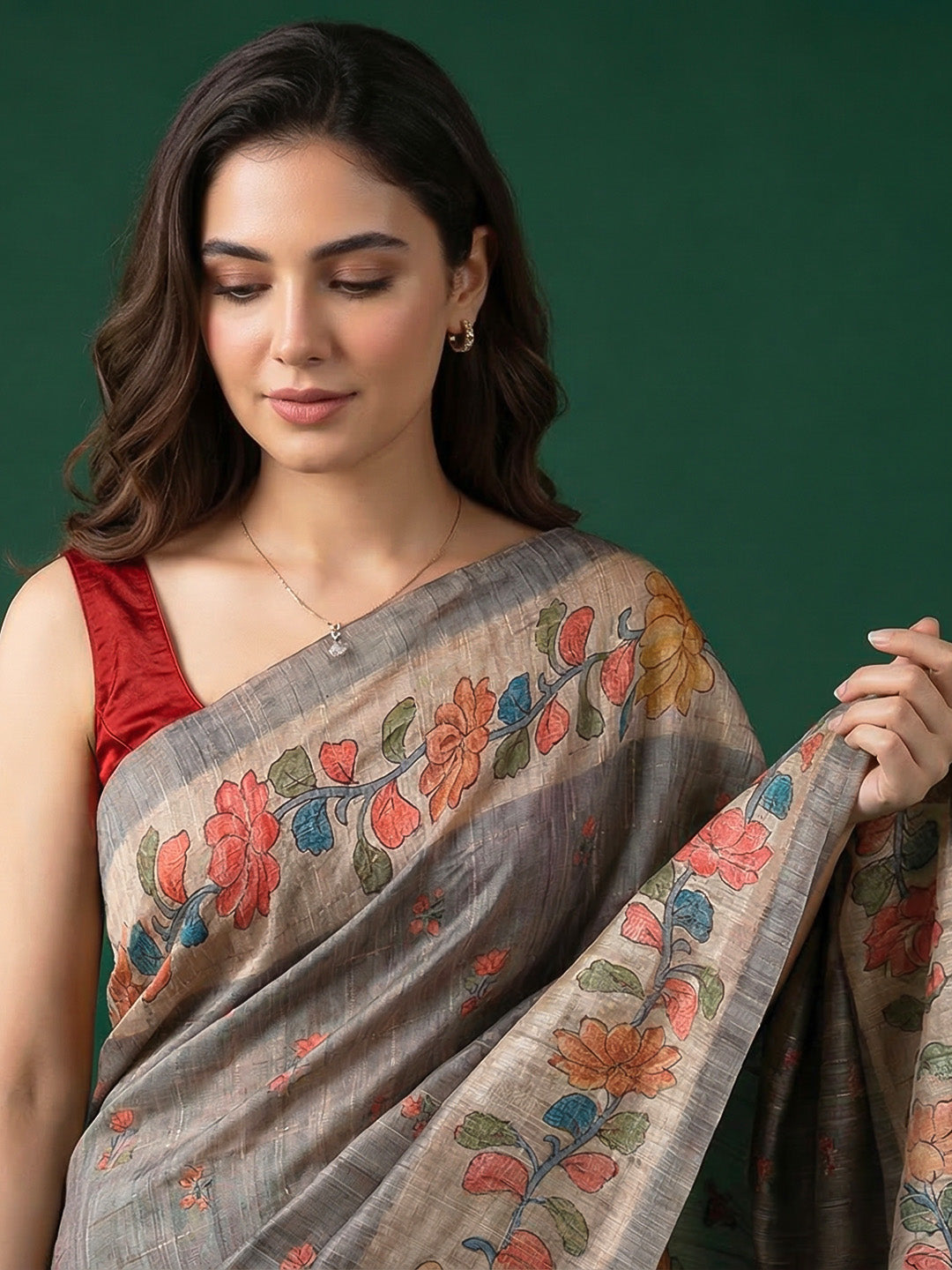 Floral Print Tussar Silk Saree