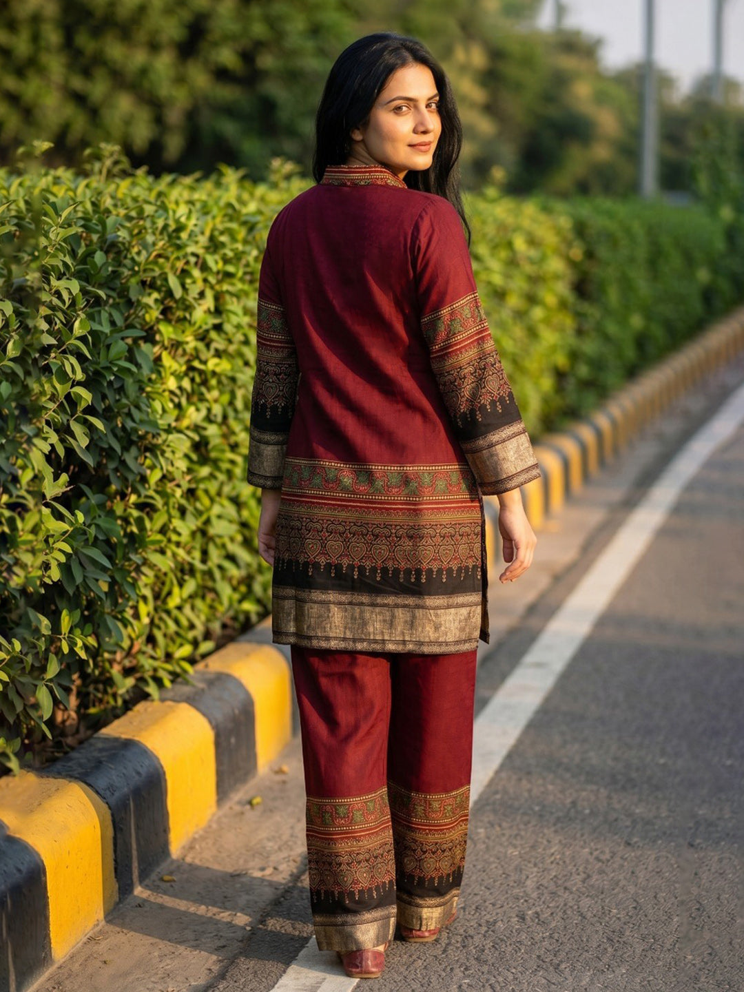 Maroon Printed Muslin Collar Neck Kurta Set