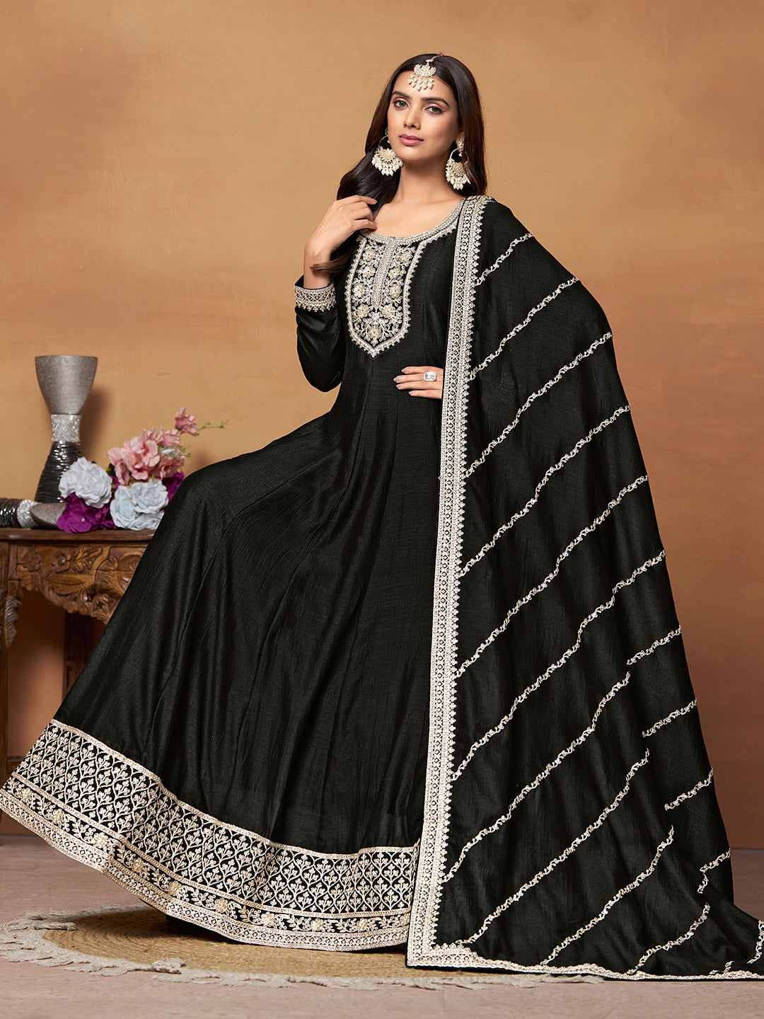 Embroidered Art Silk Semi Stitched Kurta With Salwar &amp; Dupatta
