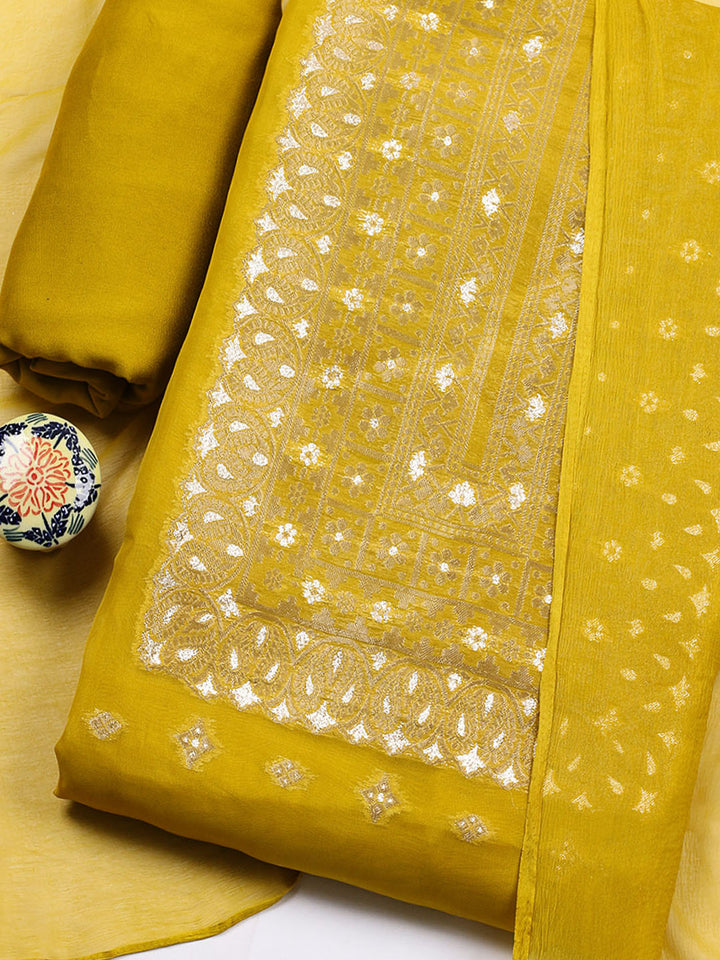 Woven Design Chanderi Unstitched Suit With Pant &amp; Dupatta